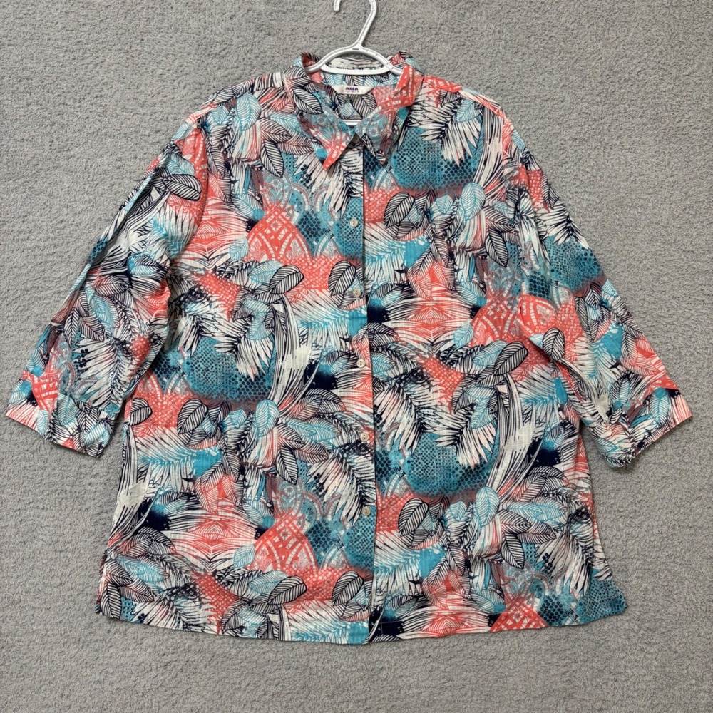 Tropical Print Button Up Blouse 3/4 Sleeve Lightweight Cotton Relaxed Fit 20W